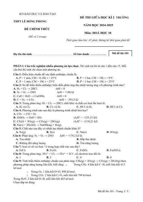 Đề thi Giữa kì 2 Hóa học 10 năm 2024-2025 trường THPT Lê Hồng Phong (Đắk Lắk)
